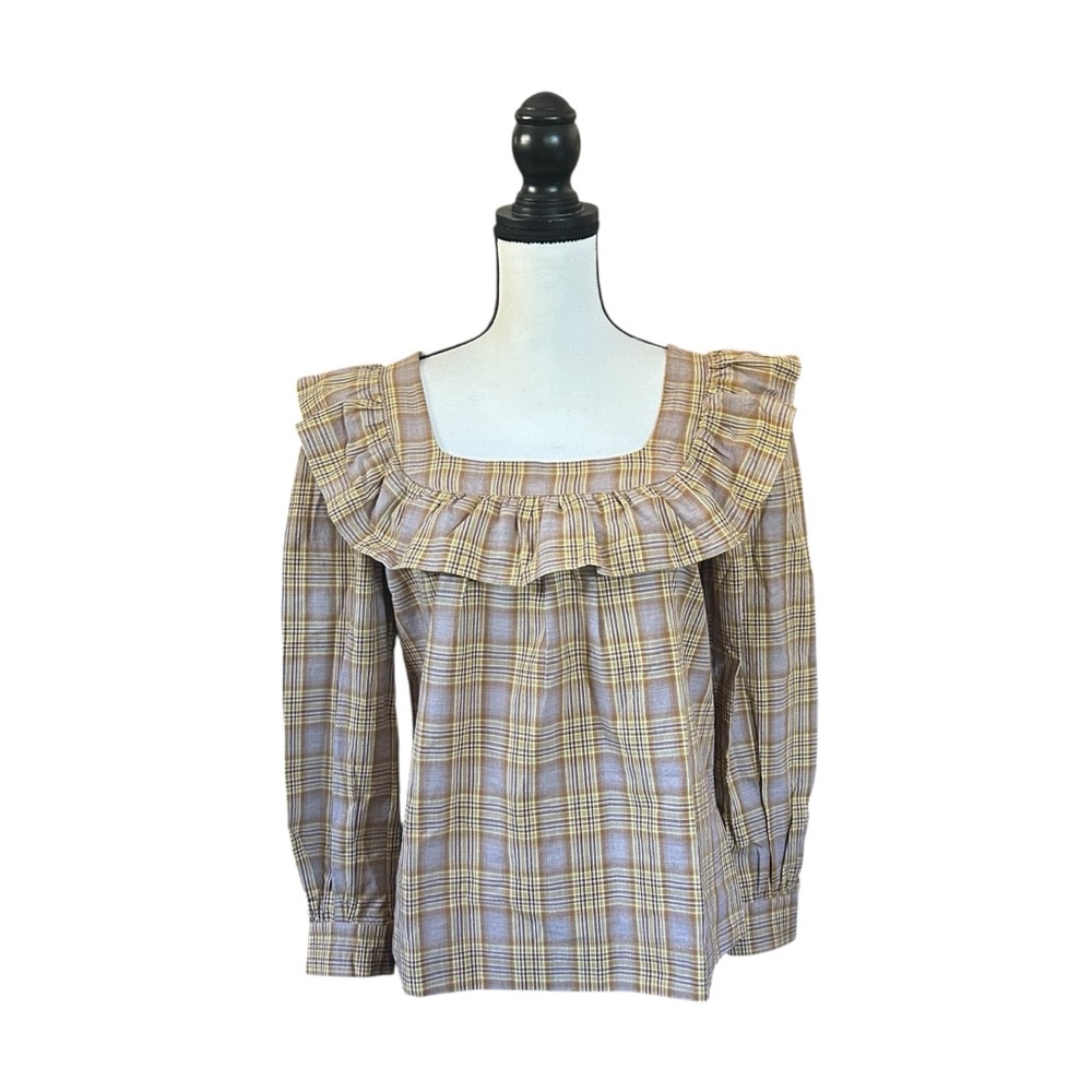 Alexa Chung Phyllis Ruffle Neck Top Brown & Yellow Plaid Cottagecore Fall Size 2